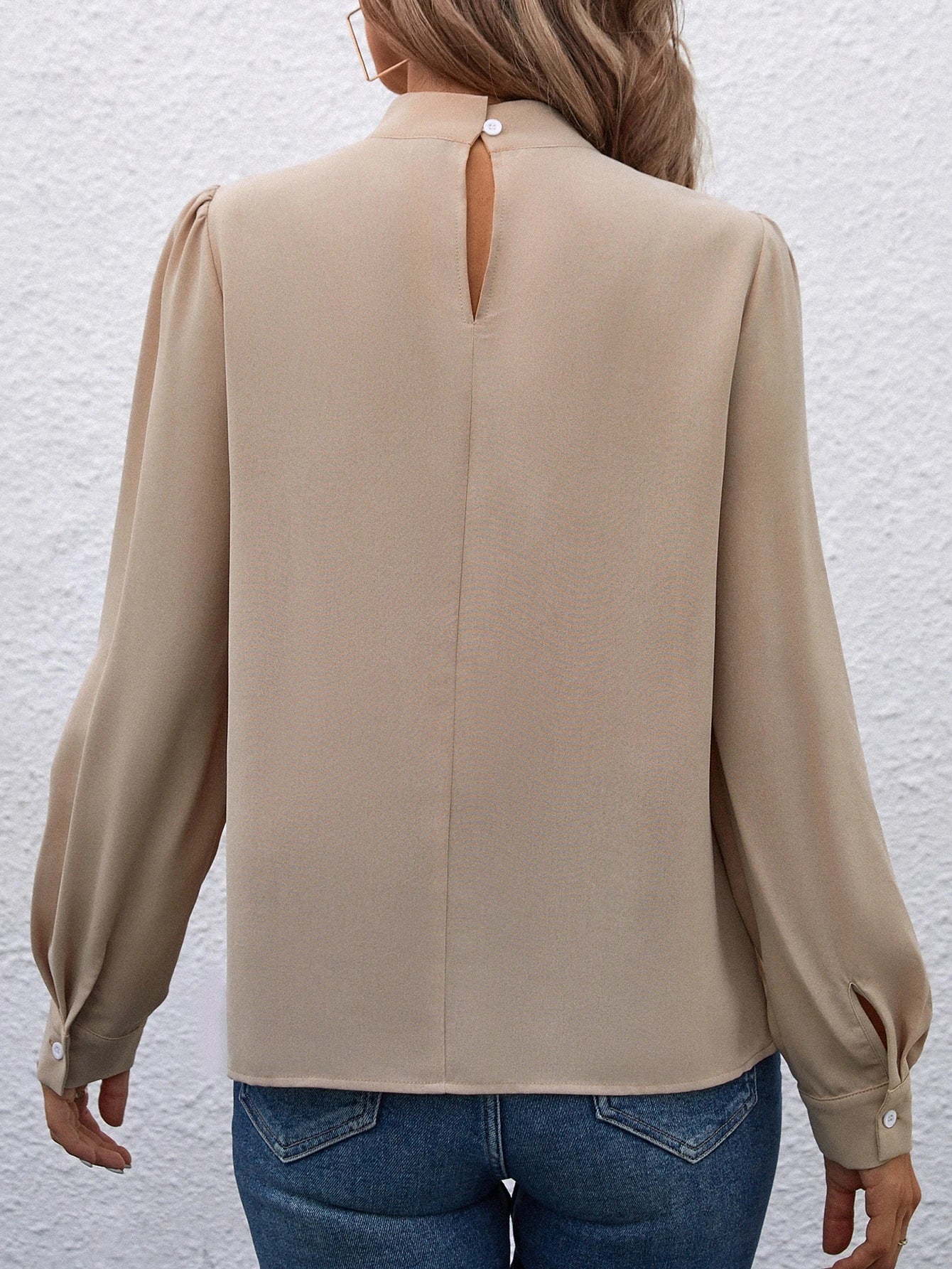 EMERY ROSE Solid Color Stand Collar Raglan Sleeve Casual Loose Elegant Blouse