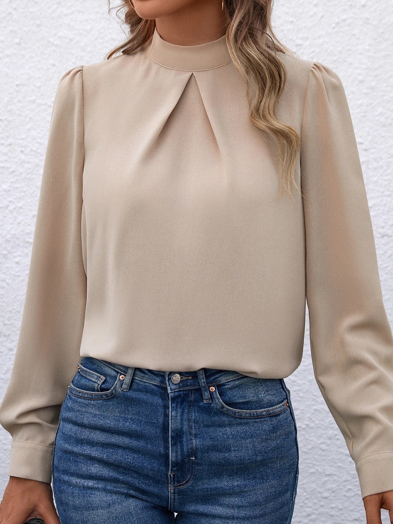 EMERY ROSE Solid Color Stand Collar Raglan Sleeve Casual Loose Elegant Blouse