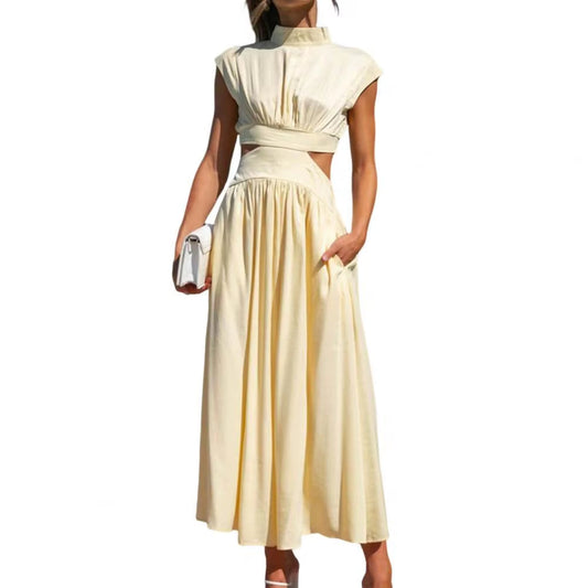 Women Green Hollow Out Maxi Dress Solid Fashion Sleeveless Backless Female Dresses Elegant Casual Ruched Long Dress Summer 2023